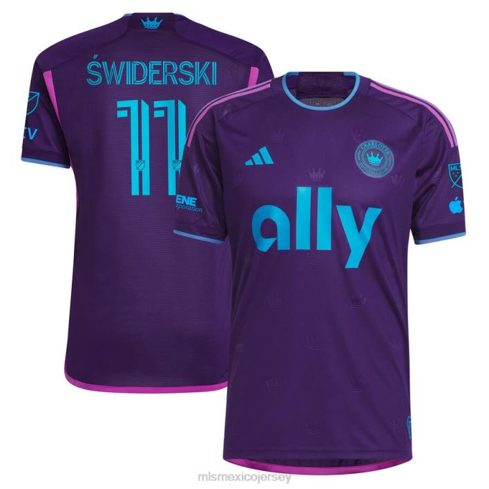 MLS Jerseys jerseyhombres charlotte fc karol swwiderski adidas púrpura 2023 corona joya kit camiseta auténtica BJDD523